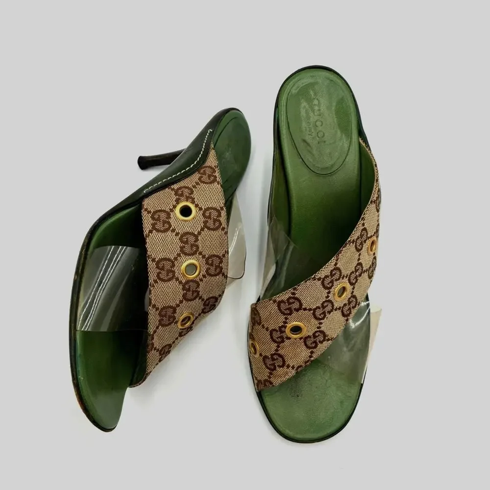 8.5 Vintage Gucci GG Monogram Canvas PVC Green & Brown Mules